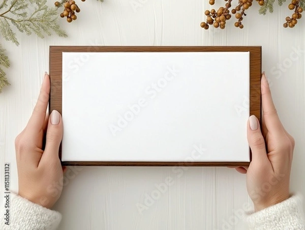 Fototapeta Minimalistic blank frame mockup held by hands for personalized artwork display, modern wooden frame for home decor prints