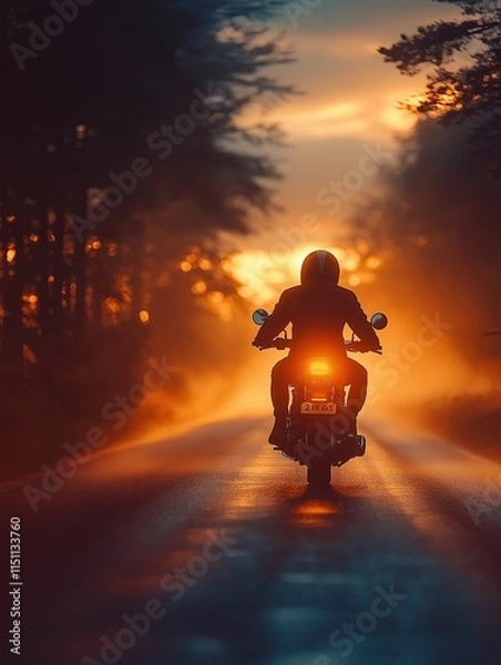 Fototapeta Motorcycle journey through misty landscape at dusk, thrilling ride along scenic route for adventure and freedom, print for National Motorcycle Day