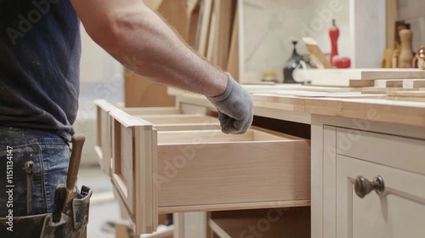 Fototapeta Installing drawers in a custom cabinet unit, showcasing precise carpentry in a stylish kitchen