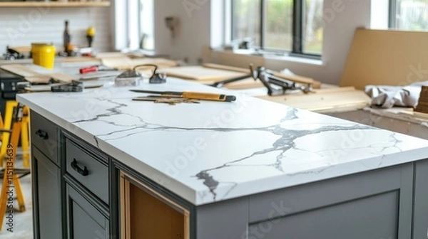 Fototapeta Modern kitchen with partially installed cabinets, tools scattered on the marble countertop