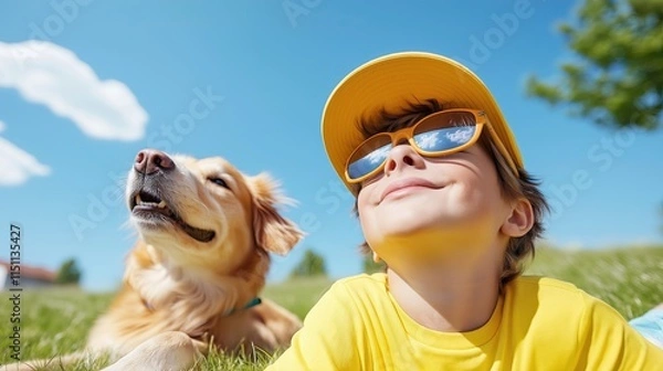 Fototapeta Smiling child wearing sunglasses with pet dog, capturing friendship, bonding and vibrant summer vibes, print for International Dog Day