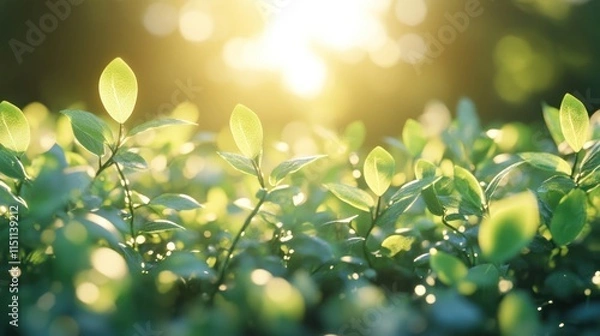 Obraz Sunlit vibrant green leaves at sunset.