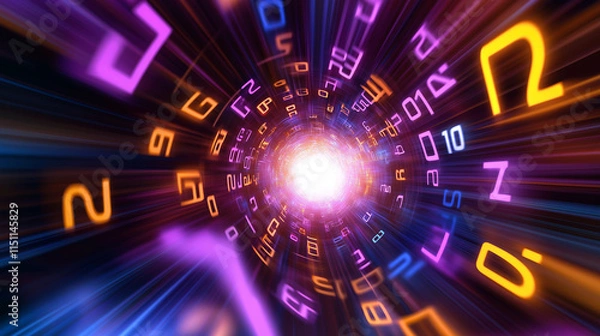 Fototapeta Bright vortex of neon numbers and symbols creating a digital tunnel effect with glowing, futuristic colors.

