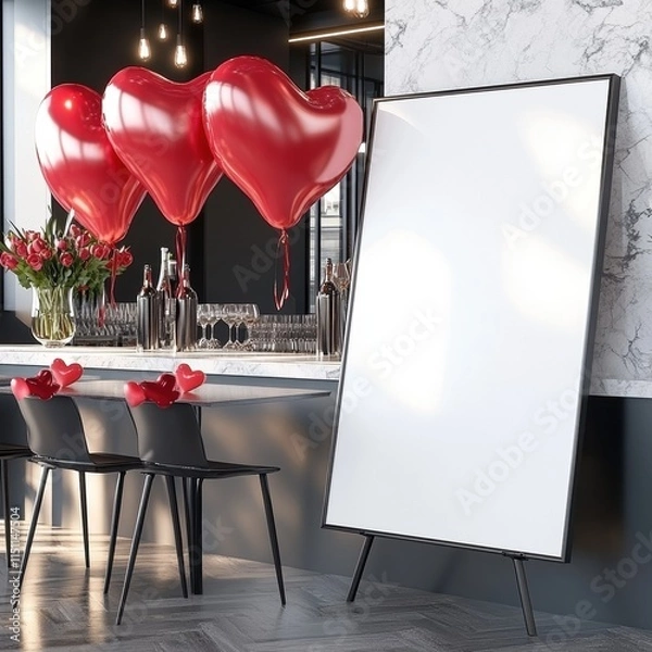 Fototapeta A beautifully decorated Valentine's Day, A framed poster blank withe , a frame placed in room with valentine day scenography