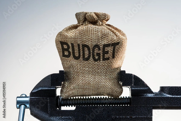 Obraz Finance, economy and business squeezing idea. Bag with money of buget in vise.