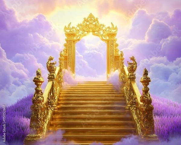 Obraz Golden,steps,leading,to,a,divine,gate,amidst,a,serene,purple,and,lavender,sky,,