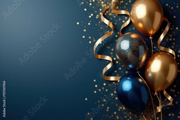Fototapeta Elegant gold and blue balloons with ribbons and glitter on a dark blue background, featuring blank space for text, perfect for luxury celebrations and festive designs.