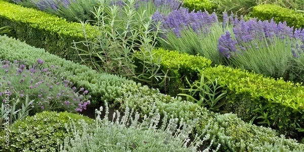 Fototapeta A beautifully arranged herb garden with neat rows of lavender, rosemary, and sage under clear skies.