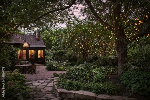 Fototapeta Fireflies illuminate a dim garden at dusk, creating a mesmerizing display of nature's charm.