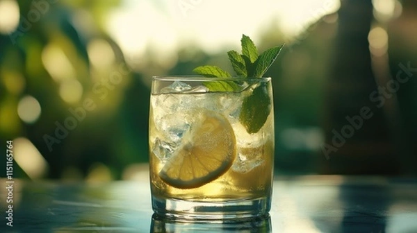 Fototapeta Refreshing Cocktail with Lemon and Mint Garnish in Sunlit Setting