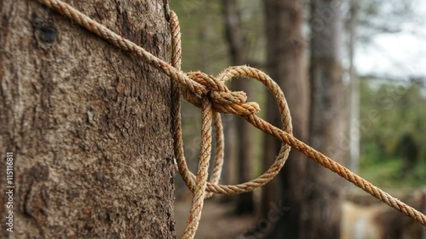 Obraz Rope tied on tree trunk in front of blurred natural background. Rope with knot around brown tree.