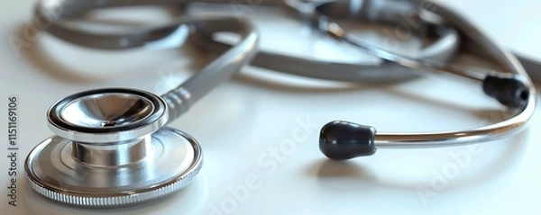 Fototapeta A clean, modern stethoscope lying on a white surface, its metallic parts gleaming, representing the essentials of medical diagnostics.