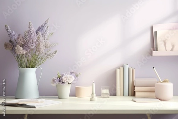 Fototapeta Elegant pastel tones highlight a chic indoor space featuring a minimalist desk decorated with artisanal stationery and delicate flowers, fostering a serene environment for creativity.