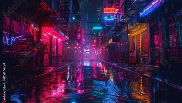 Fototapeta A Bustling City Street at Night Illuminated by Vibrant Neon Signs and Reflections on Wet Pavement, Capturing the Essence of Urban Nightlife and Futuristic Aesthetics