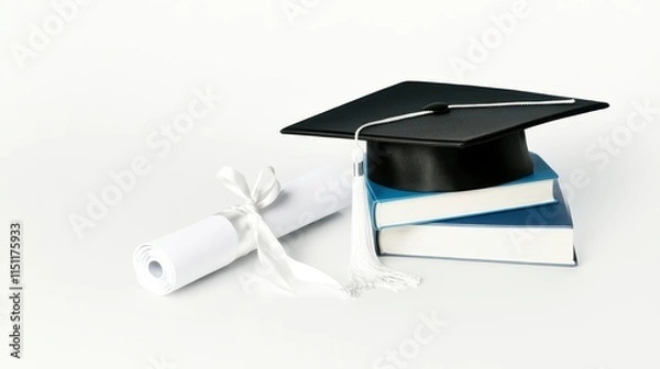 Fototapeta A graduation cap rests atop two stacked books alongside a rolled diploma, symbolizing academic achievement and educational success.