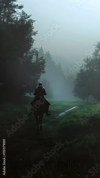 Fototapeta A lone knight on horseback traveling through dense fog in a misty, mysterious landscape at dawn
