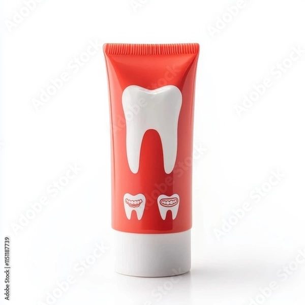 Fototapeta Bright Red Toothpaste Tube with Whimsical Tooth Graphic Design