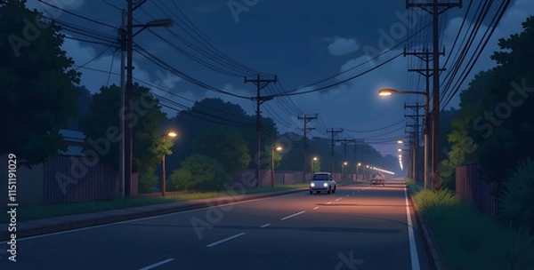 Fototapeta A serene night scene unfolds in a quiet suburban neighborhood, where a dimly lit street stretches into the distance. Rows of towering apartment buildings line both sides of the road