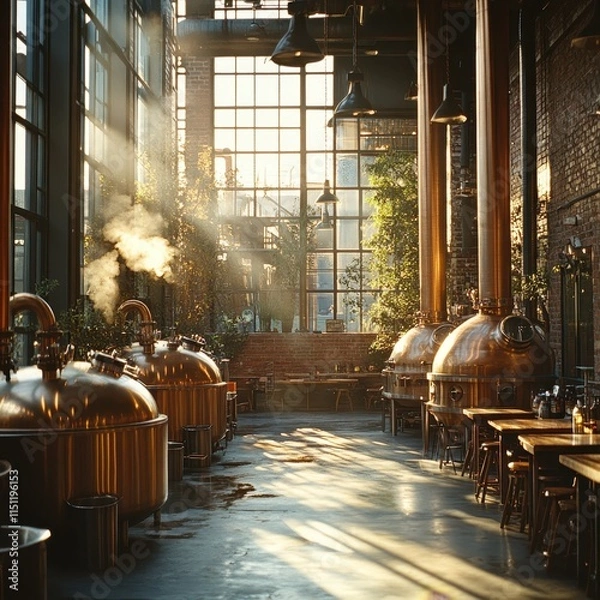 Obraz Large copper brewing kettles steaming in a traditional brewery setup
