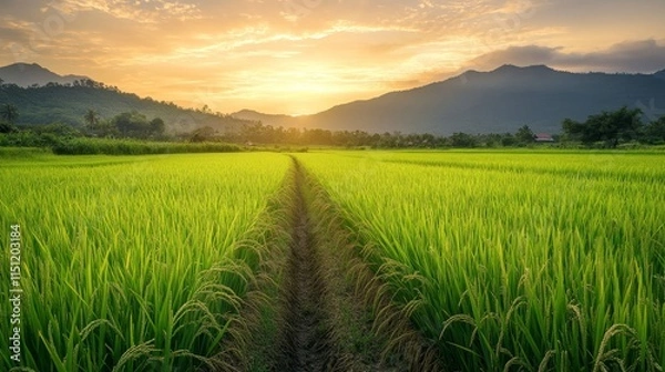 Fototapeta Lush Paddy fields create a vibrant landscape, with Rice flourishing across the grassland, showcasing the beauty of Paddy cultivation and the rich greenery of Rice fields in the background.