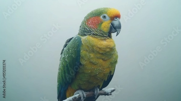 Fototapeta A yellow-green parrot perched on a branch, covered in a light dusting of frost, against a foggy background.