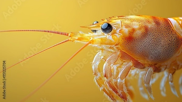 Fototapeta Masterpiece 8k ultra-realistic shrimp with its antennae detailed, placed on a soft yellow gradient background