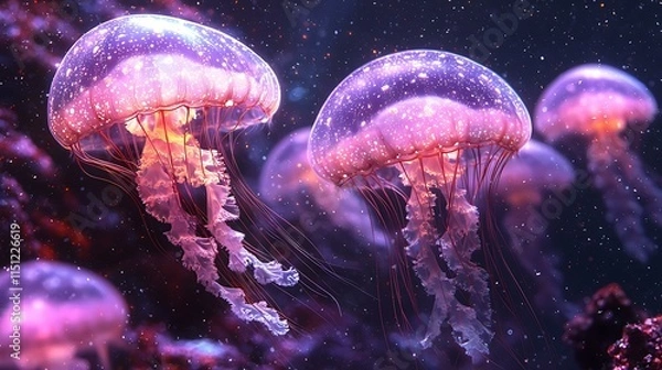 Fototapeta Translucent jellyfish floating gracefully, isolated on a rich purple background