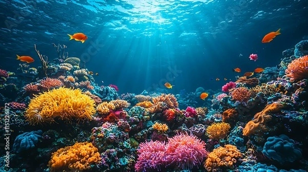 Obraz Vibrant coral reef setup with colorful fish, isolated on a deep blue gradient background