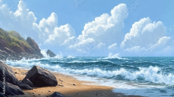 Fototapeta Rocky coast with waves crashing on sandy beach under a bright sunny sky with fluffy clouds.