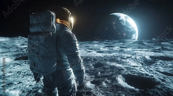 Fototapeta An astronaut planting a flag on the moon, Earth prominently visible in the distance, the stark lighting creating sharp contrasts on the lunar surface,