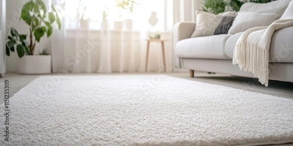 Obraz Clean white color carpet in a cozy living room setting, showcasing a soft textile texture that enhances the serene ambiance of the space. Experience the elegance of this pristine white color carpet.