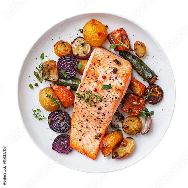 Fototapeta Baked Salmon with Roasted Vegetables on White Ceramic Plate for Healthy Balanced Dinner Meal