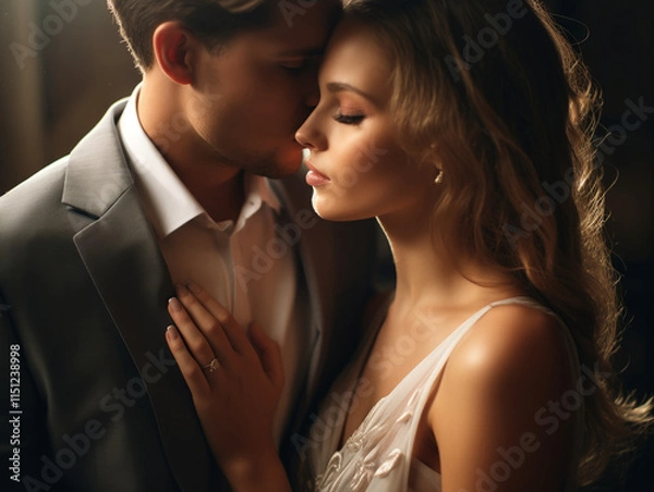 Fototapeta Romantic couple embracing in soft evening light