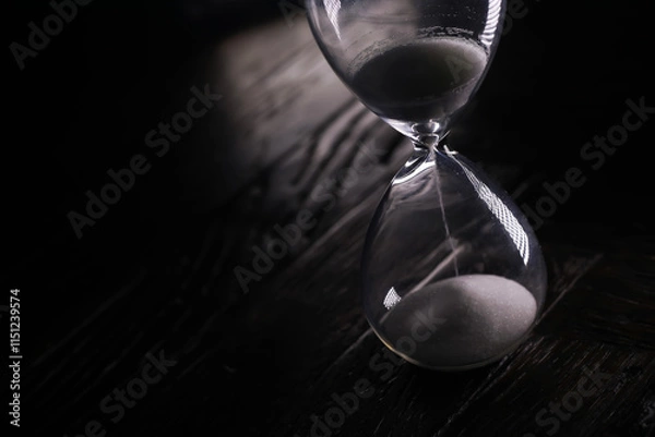 Fototapeta Close-Up of Glass Hourglass with Flowing Sand on Dark Wooden Surface, Symbolizing Time and Transience