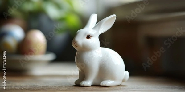 Fototapeta Antique porcelain figurine of a rabbit, showcasing an elegant Easter white bunny design. This charming porcelain figurine captures the essence of Easter and adds a unique touch to any collection.