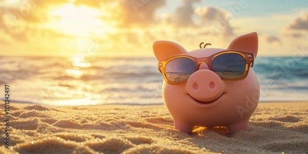 Fototapeta Playful piggy bank wearing sunglasses at the beach, capturing the essence of summer fun. This summer piggy bank adds a whimsical touch to beach vibes with its sunny demeanor.