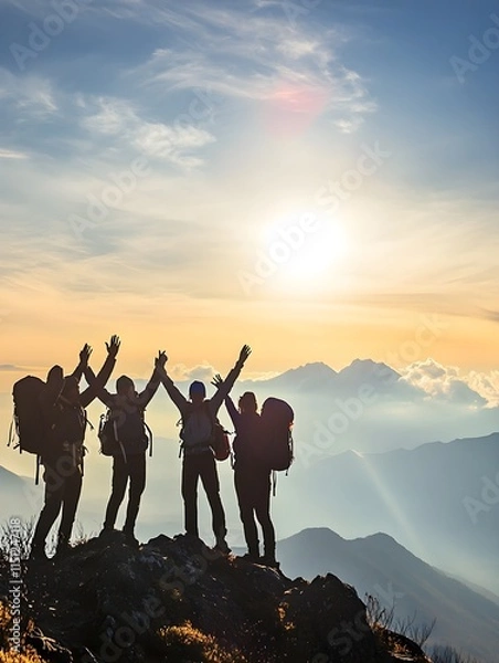 Fototapeta A photo of a group of hikers celebrating together at the top of a mountain.