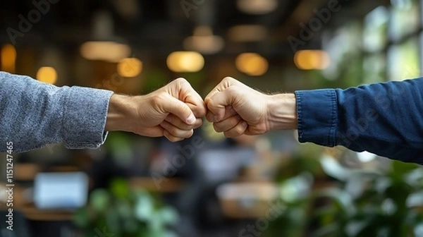 Fototapeta Three people in an office setting fist bumping by hand
