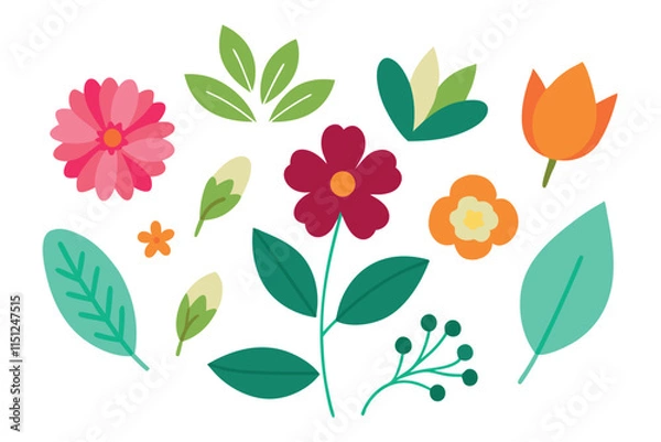 Fototapeta  Botanic set of leaves and flower vector illustration.