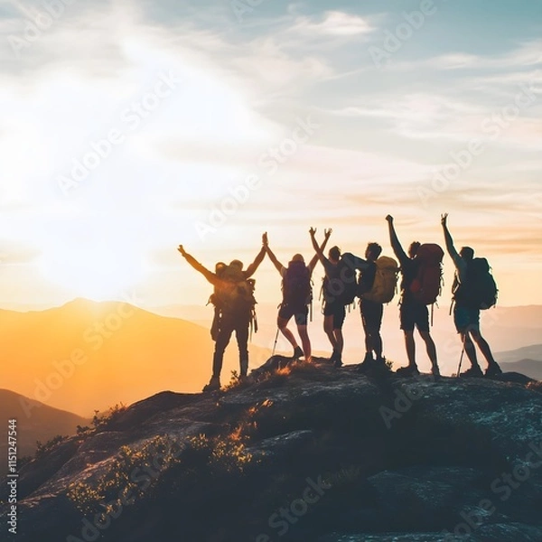 Fototapeta A photo of a group of hikers celebrating together at the top of a mountain.