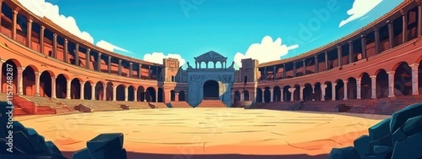 Fototapeta Game stone background arena portal battle magic fantasy illustration floor. Rock stone background fight game cartoon island floating land ui sky landscape jungle podium platform asset ancient hell