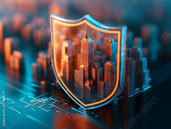 Fototapeta A digital shield protects a futuristic city, symbolizing cybersecurity and urban safety in a tech-driven world.