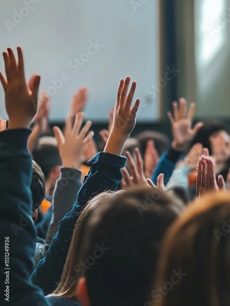 Fototapeta A photo of a group of students raising their hands to answer a question in class. 