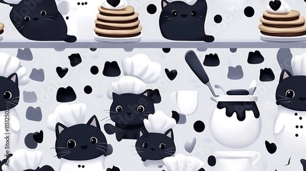 Fototapeta Adorable cats dressed as chefs wearing tiny aprons and hats, flipping pancakes in a colorful kitchen filled with pastel utensils and stacks of desserts, whimsical and cheerful ambiance, hd quality.