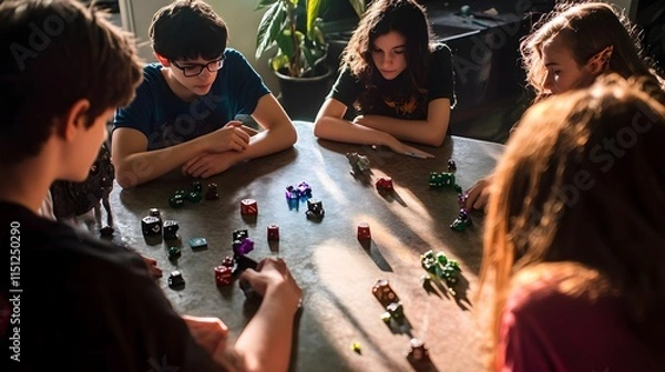 Obraz a group of teenagers playing Dungeons & Dragons around a table filled with dice and figurines