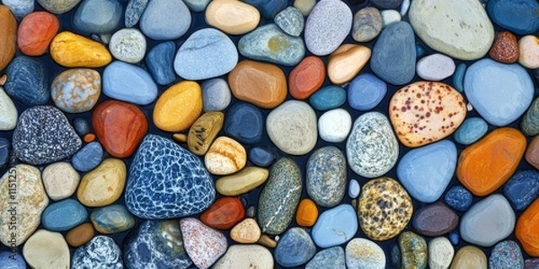 Fototapeta A vibrant collection of fine seashore pebbles showcases the beauty and diversity of nature, highlighting the unique textures and colors found in fine seashore pebbles along the coast.