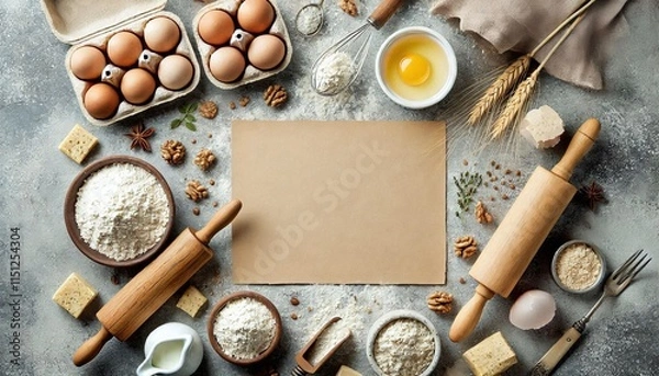 Fototapeta A vintage wooden frame holds a blank recipe card on a rustic kitchen table, surrounded by fresh baking ingredients and spices ready for Christmas cookie baking