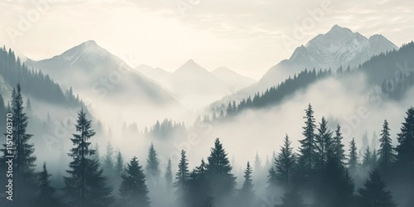 Fototapeta Foggy mountain views create a serene atmosphere, perfect for capturing the essence of peaceful landscapes. Enjoy the beauty of the foggy mountains as they envelop the scene in tranquility.
