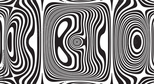 Fototapeta Trippy organic shape Waves Ripple Pattern black and white retro wave pattern reminding optical illusions