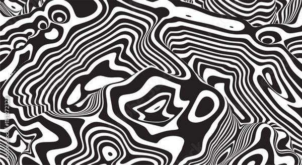 Fototapeta Trippy organic shape Waves Ripple Pattern black and white retro wave pattern reminding optical illusions